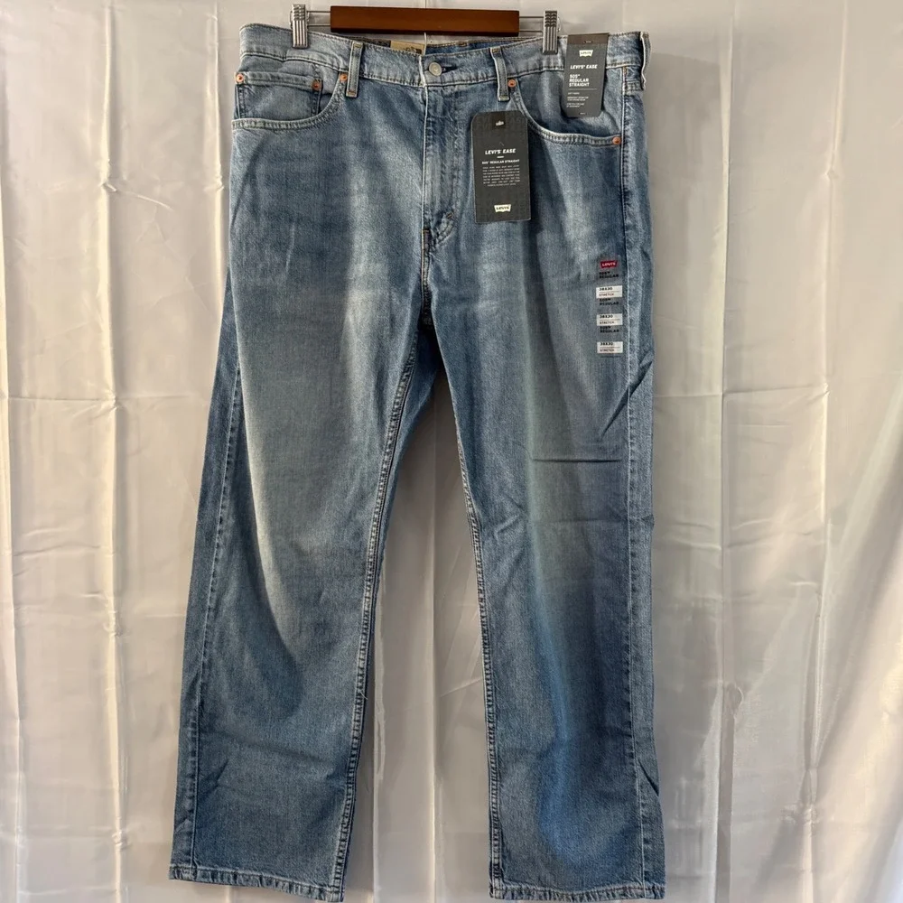 Levis 505 Regular Straight Mens Jeans‎ 38x30 Light Wash Stretch Denim new tags